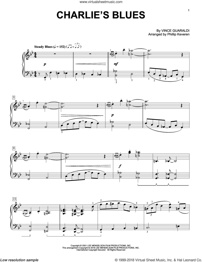Charlie's Blues (arr. Phillip Keveren) sheet music for piano solo by Vince Guaraldi and Phillip Keveren, intermediate skill level