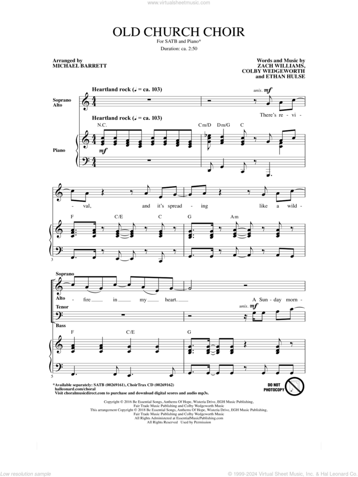 Old Church Choir (arr. Michael Barrett) sheet music for choir (SATB: soprano, alto, tenor, bass) by Zach Williams, Michael Barrett, Cody Wedgeworth, Colby Wedgeworth and Ethan Hulse, intermediate skill level