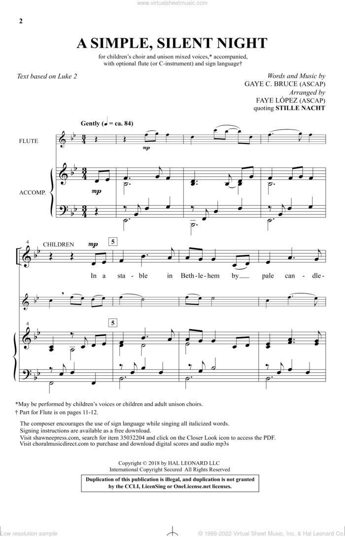 A Simple, Silent Night sheet music for choir (Unison) by Gaye C. Bruce, Faye Lopez and Luke 2, intermediate skill level