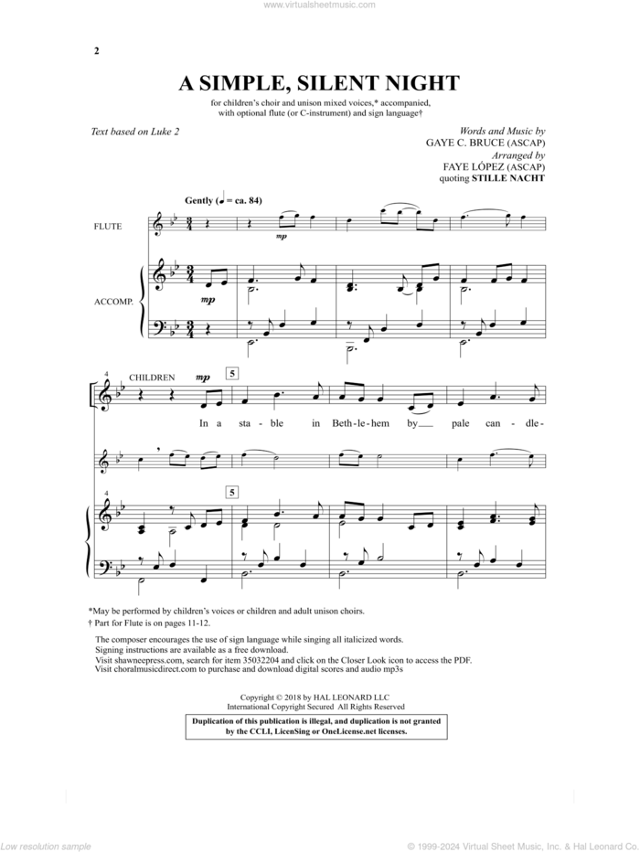 A Simple, Silent Night sheet music for choir (Unison) by Gaye C. Bruce, Faye Lopez and Luke 2, intermediate skill level