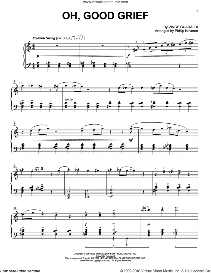 Oh, Good Grief (arr. Phillip Keveren) sheet music for piano solo by Vince Guaraldi and Phillip Keveren, intermediate skill level