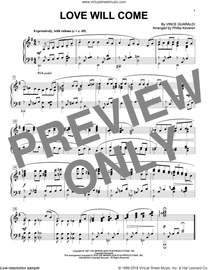 Love Will Come (arr. Phillip Keveren) sheet music for piano solo by Vince Guaraldi and Phillip Keveren, intermediate skill level