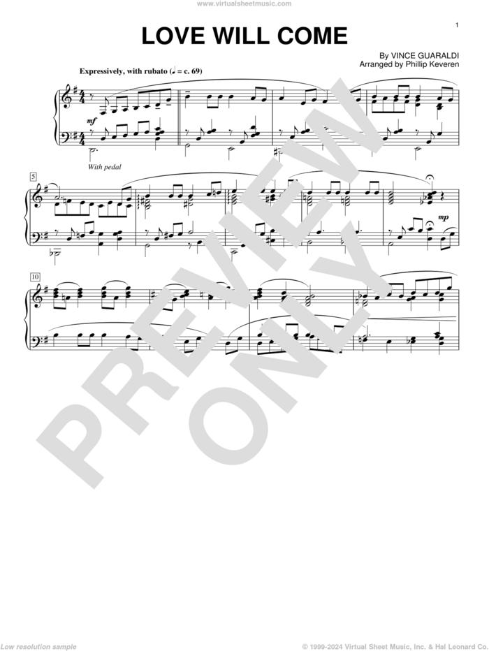 Love Will Come (arr. Phillip Keveren) sheet music for piano solo by Vince Guaraldi and Phillip Keveren, intermediate skill level