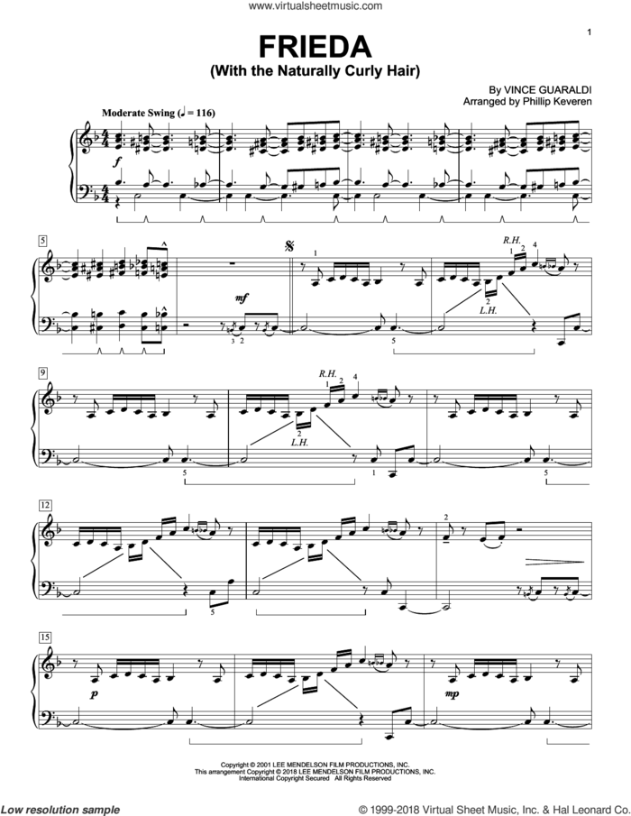 Frieda (With The Naturally Curly Hair) (arr. Phillip Keveren) sheet music for piano solo by Vince Guaraldi and Phillip Keveren, intermediate skill level