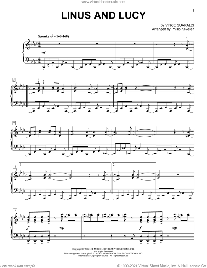 Linus And Lucy (arr. Phillip Keveren) sheet music for piano solo by Vince Guaraldi and Phillip Keveren, intermediate skill level