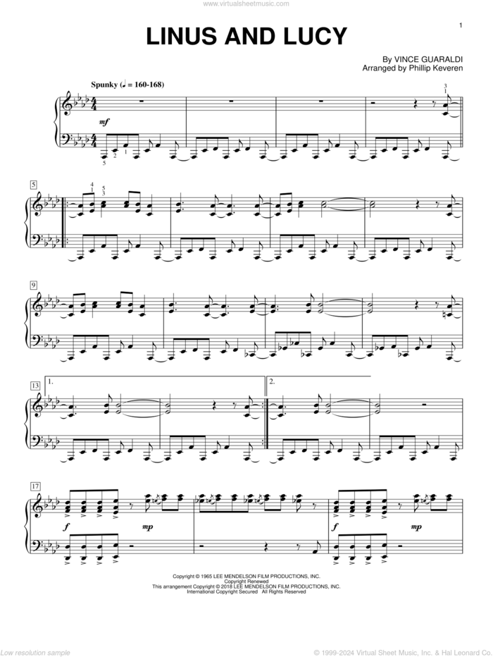 Linus And Lucy (arr. Phillip Keveren) sheet music for piano solo by Vince Guaraldi and Phillip Keveren, intermediate skill level