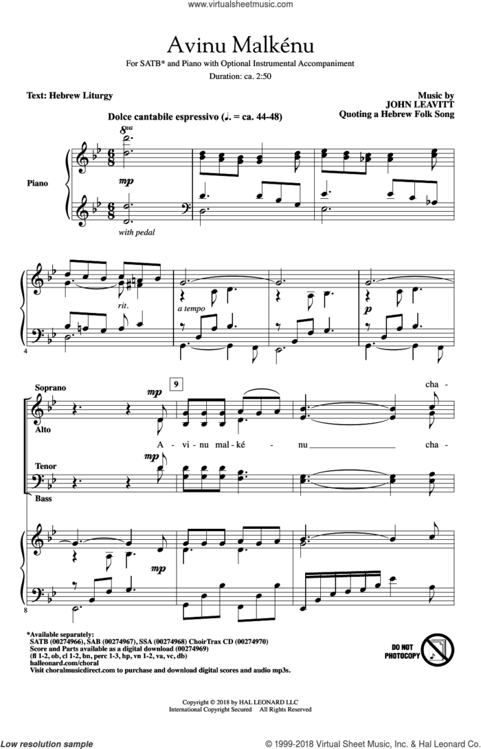 Avinu Malkenu sheet music for choir (SATB: soprano, alto, tenor, bass) by Jewish Folksong, John Leavitt and Hebrew Liturgy, intermediate skill level