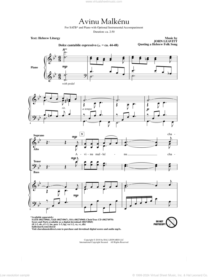 Avinu Malkenu sheet music for choir (SATB: soprano, alto, tenor, bass) by Jewish Folksong, John Leavitt and Hebrew Liturgy, intermediate skill level