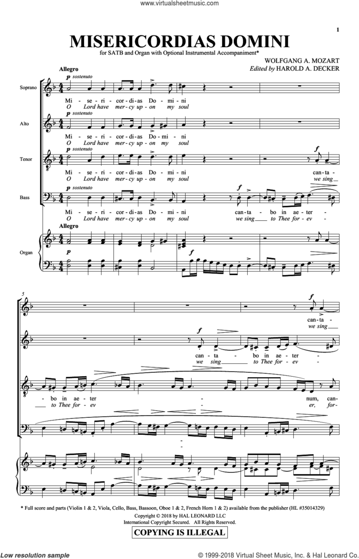 Misericordias Domini sheet music for choir (SATB: soprano, alto, tenor, bass) by Wolfgang Amadeus Mozart and Harold Decker, classical score, intermediate skill level