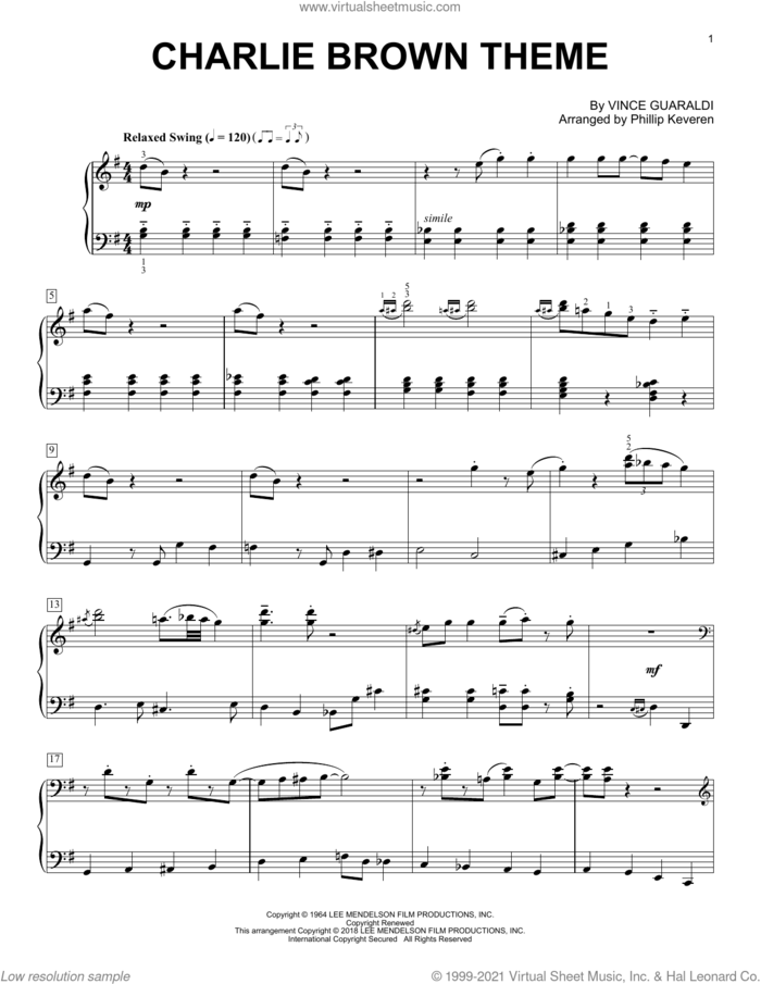 Charlie Brown Theme (arr. Phillip Keveren) sheet music for piano solo by Vince Guaraldi and Phillip Keveren, intermediate skill level