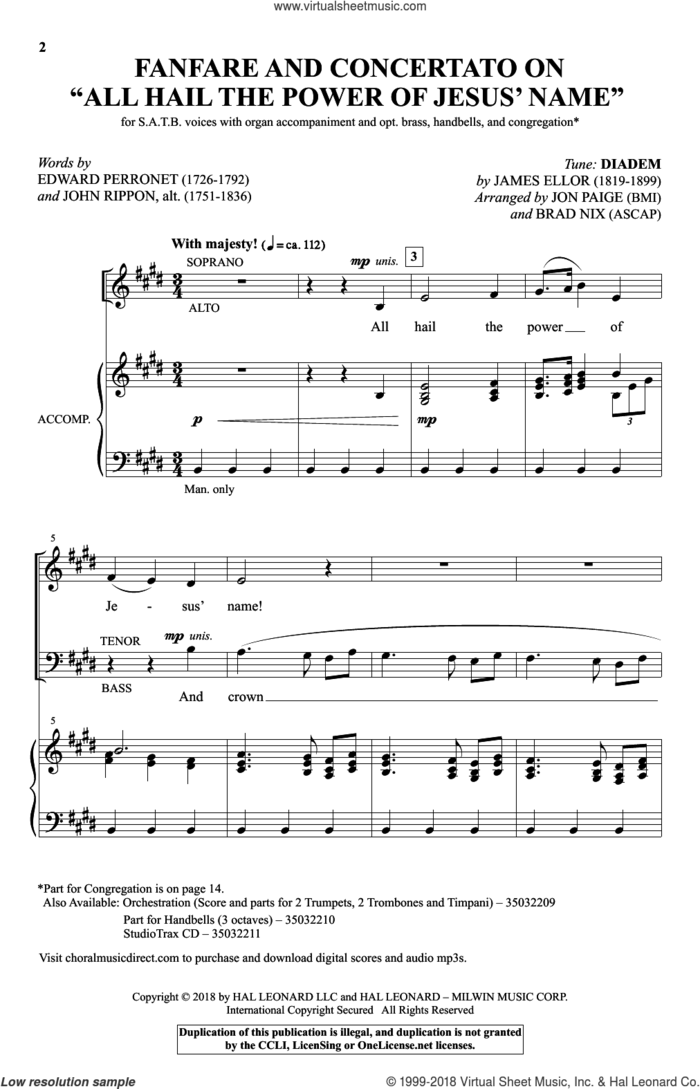 Fanfare And Concertato On 'All Hail The Power Of Jesus' Name' sheet music for choir (SATB: soprano, alto, tenor, bass) by John Rippon, Brad Nix, Jon Paige and Edward Perronet, intermediate skill level
