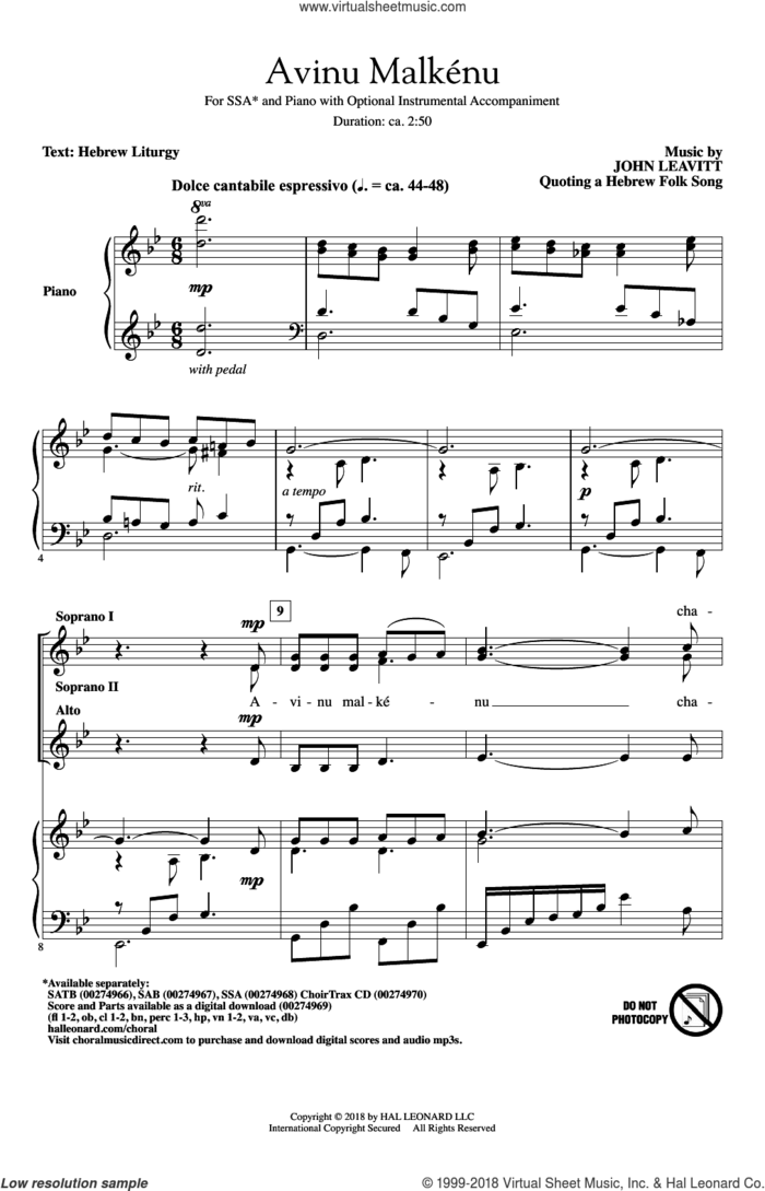 Avinu Malkenu sheet music for choir (SSA: soprano, alto) by Jewish Folksong, John Leavitt and Hebrew Liturgy, intermediate skill level