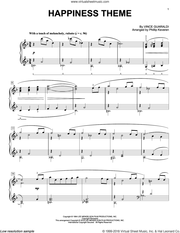 Happiness Theme (arr. Phillip Keveren), (intermediate) sheet music for piano solo by Vince Guaraldi and Phillip Keveren, intermediate skill level