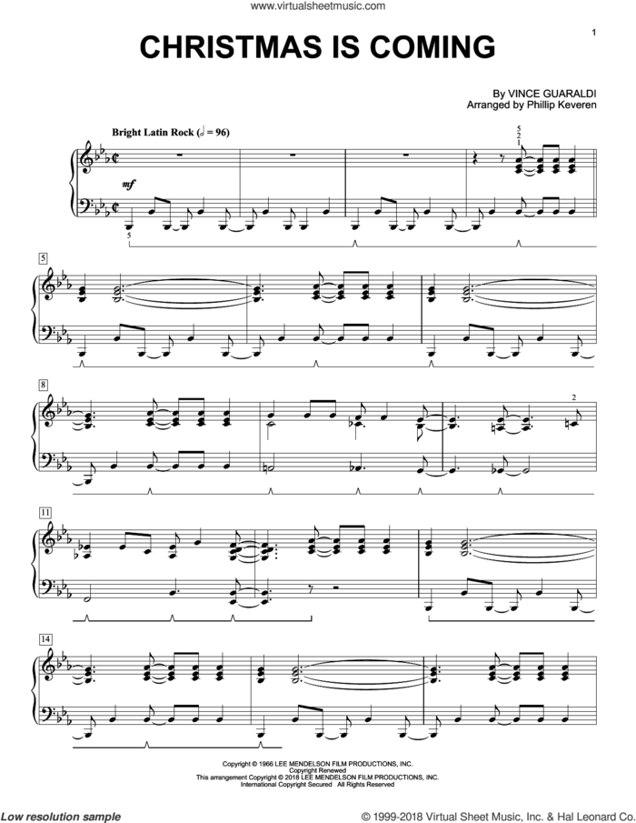 Christmas Is Coming (arr. Phillip Keveren) sheet music for piano solo by Vince Guaraldi and Phillip Keveren, intermediate skill level