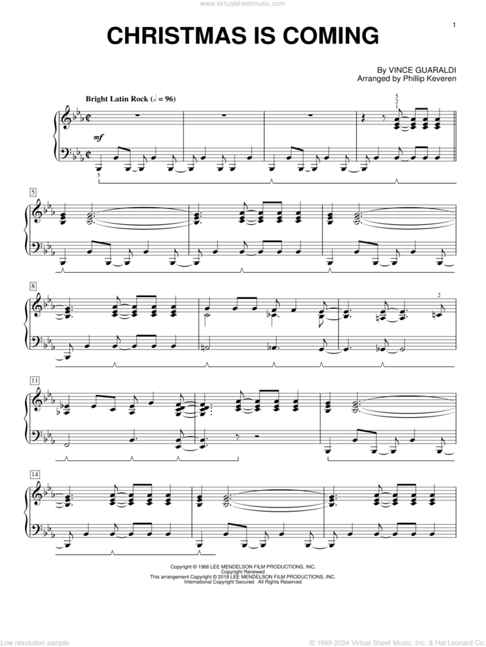 Christmas Is Coming (arr. Phillip Keveren) sheet music for piano solo by Vince Guaraldi and Phillip Keveren, intermediate skill level