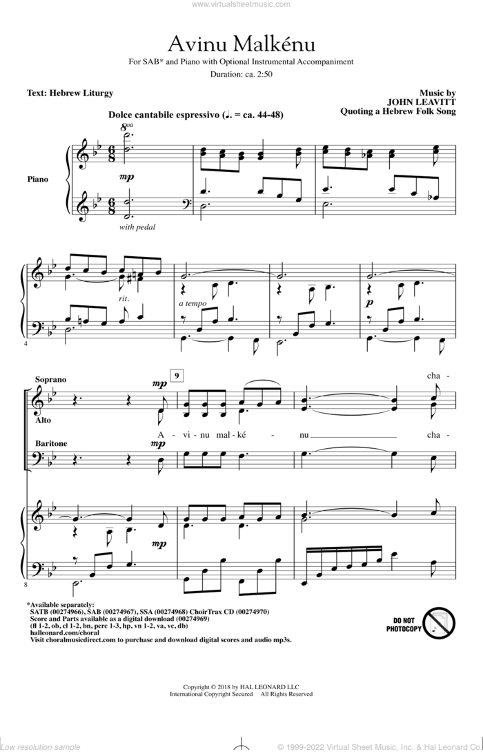 Avinu Malkenu sheet music for choir (SAB: soprano, alto, bass) by Jewish Folksong, John Leavitt and Hebrew Liturgy, intermediate skill level