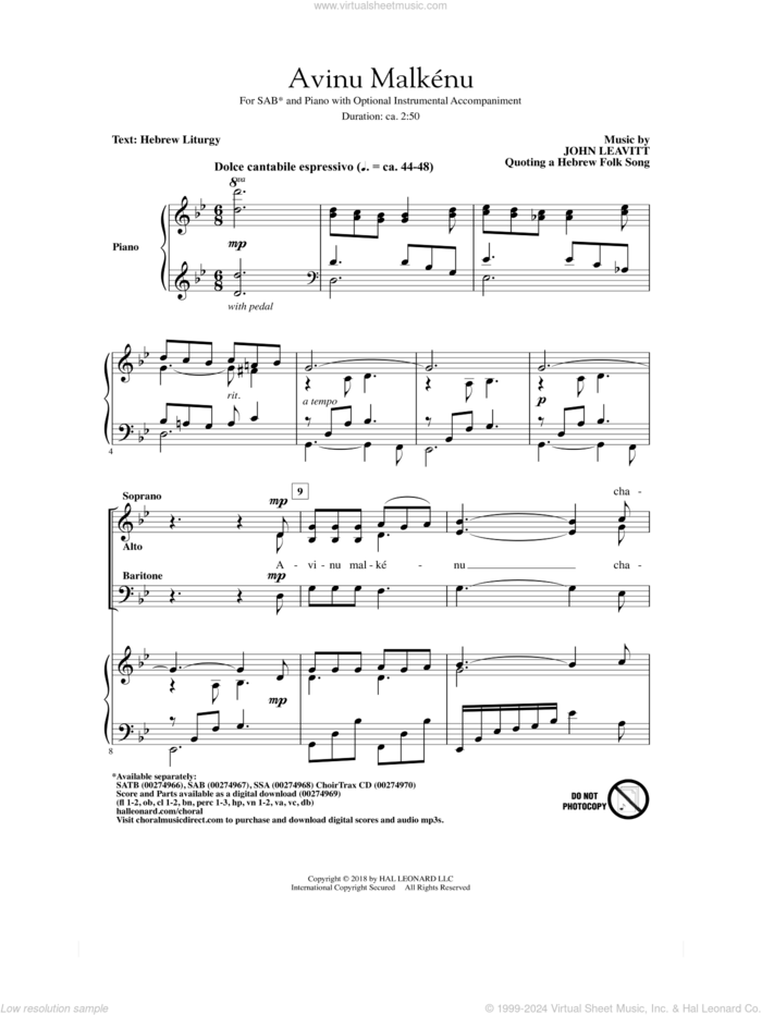 Avinu Malkenu sheet music for choir (SAB: soprano, alto, bass) by Jewish Folksong, John Leavitt and Hebrew Liturgy, intermediate skill level