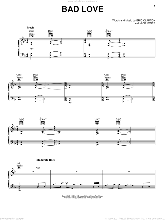 Bad Love sheet music for voice, piano or guitar by Eric Clapton and Mick Jones, intermediate skill level