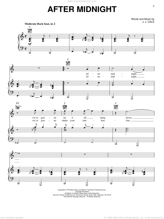 After Midnight sheet music for voice, piano or guitar by Eric Clapton and John W. Cale, intermediate skill level