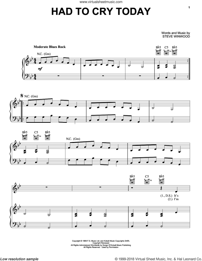 Had To Cry Today sheet music for voice, piano or guitar by Steve Winwood, Blind Faith and Eric Clapton, intermediate skill level