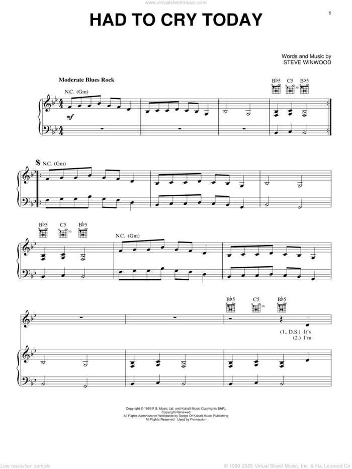 Had To Cry Today sheet music for voice, piano or guitar by Steve Winwood, Blind Faith and Eric Clapton, intermediate skill level