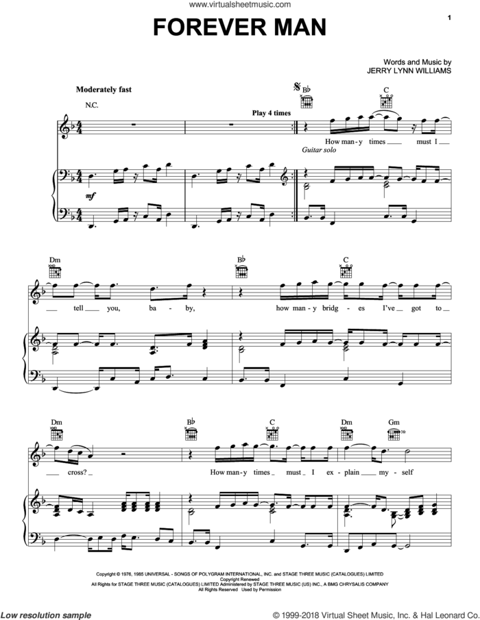 Forever Man sheet music for voice, piano or guitar by Eric Clapton and Jerry Lynn Williams, intermediate skill level
