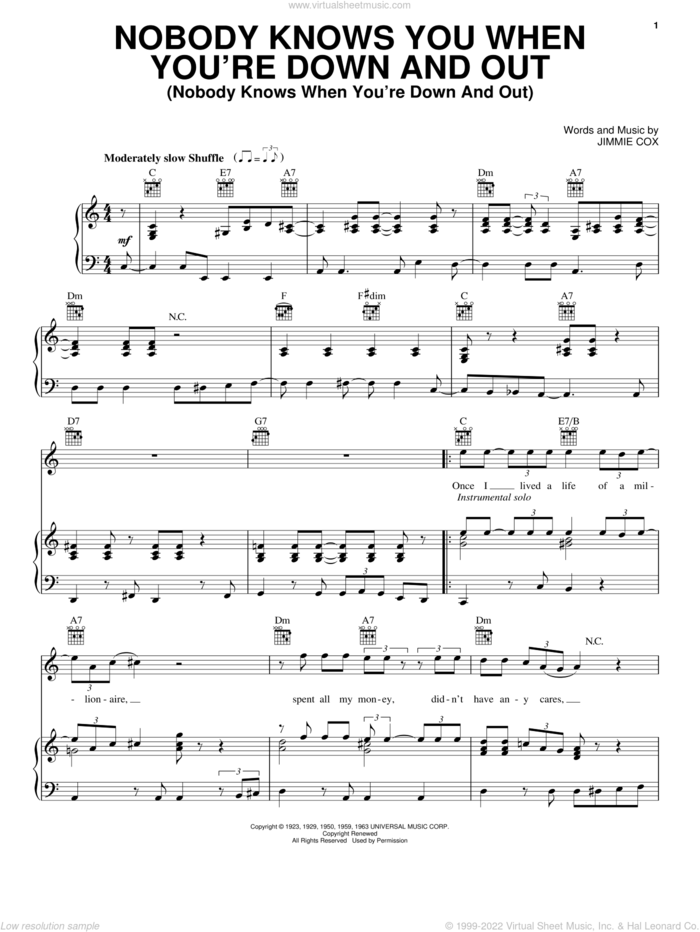 Nobody Knows You When You're Down And Out (Nobody Knows When You're Down And Out) sheet music for voice, piano or guitar by Eric Clapton and Jimmie Cox, intermediate skill level