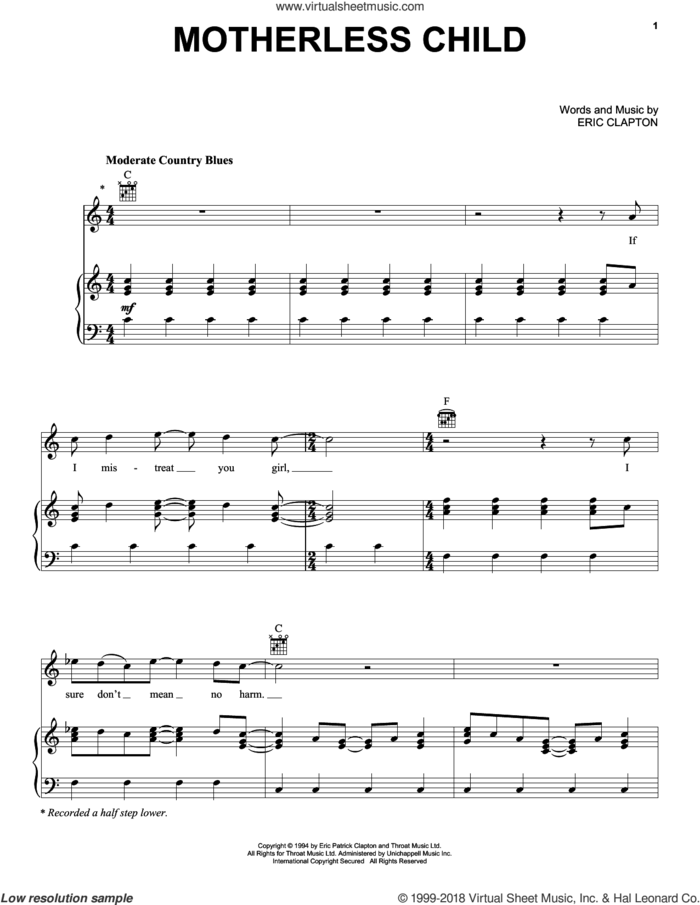 Motherless Child sheet music for voice, piano or guitar by Eric Clapton, intermediate skill level