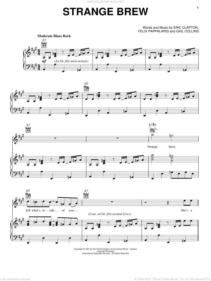 Strange Brew sheet music for voice, piano or guitar by Cream, Eric Clapton, Felix Pappalardi and Gail Collins, intermediate skill level