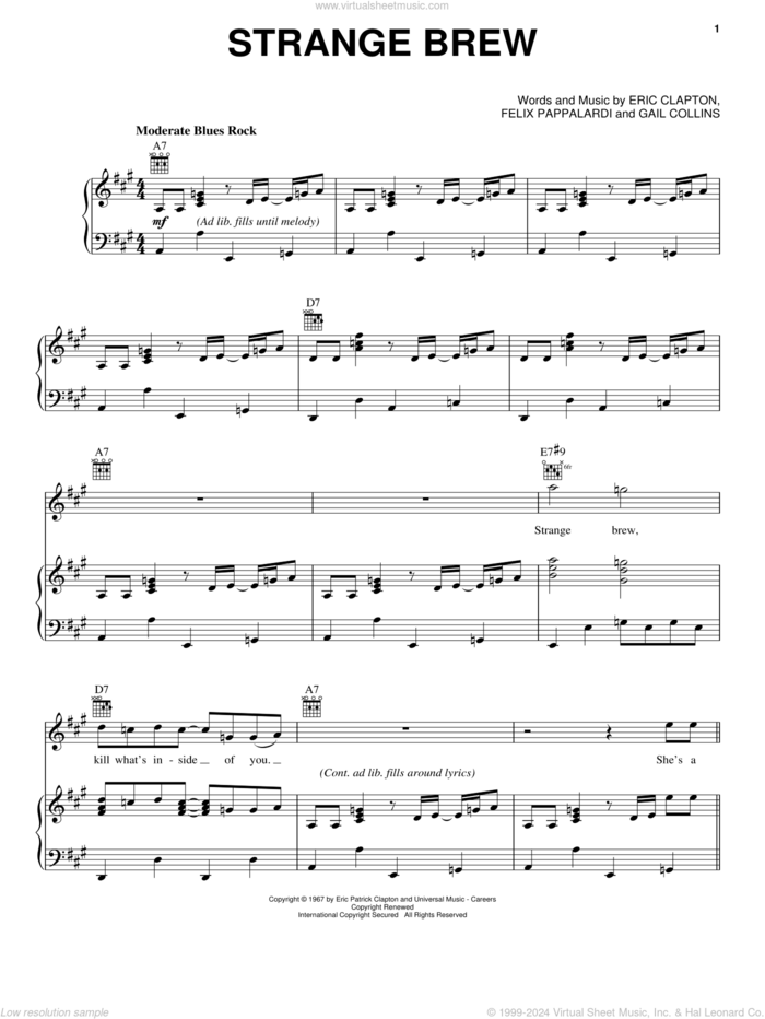 Strange Brew sheet music for voice, piano or guitar by Cream, Eric Clapton, Felix Pappalardi and Gail Collins, intermediate skill level
