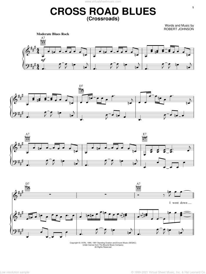 Cross Road Blues (Crossroads) sheet music for voice, piano or guitar by Eric Clapton and Robert Johnson, intermediate skill level