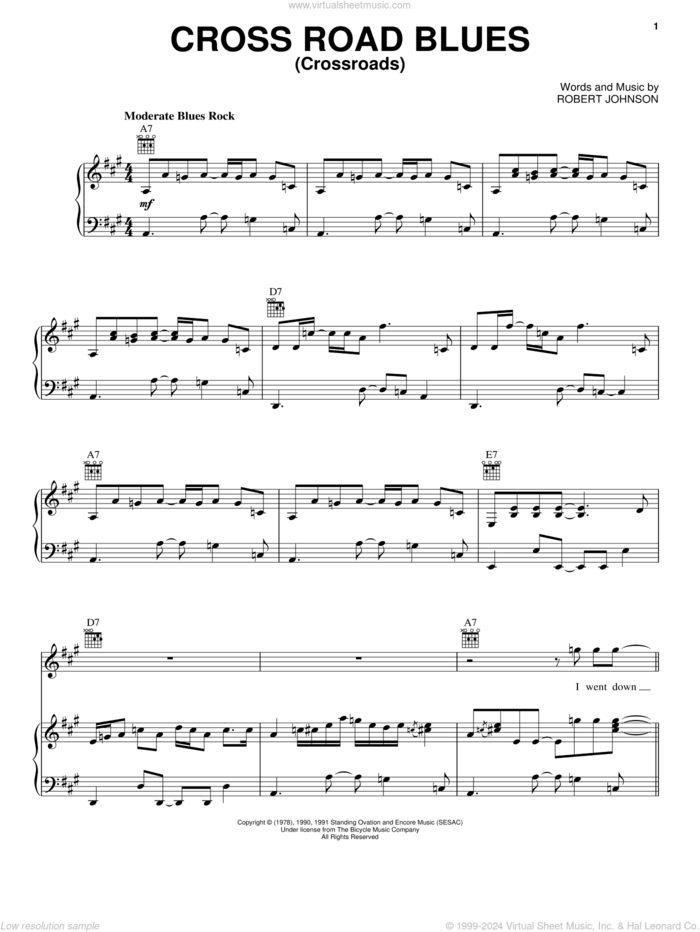 Cross Road Blues (Crossroads) sheet music for voice, piano or guitar by Eric Clapton and Robert Johnson, intermediate skill level