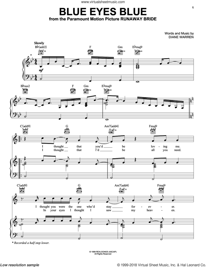 Blue Eyes Blue sheet music for voice, piano or guitar by Eric Clapton and Diane Warren, intermediate skill level