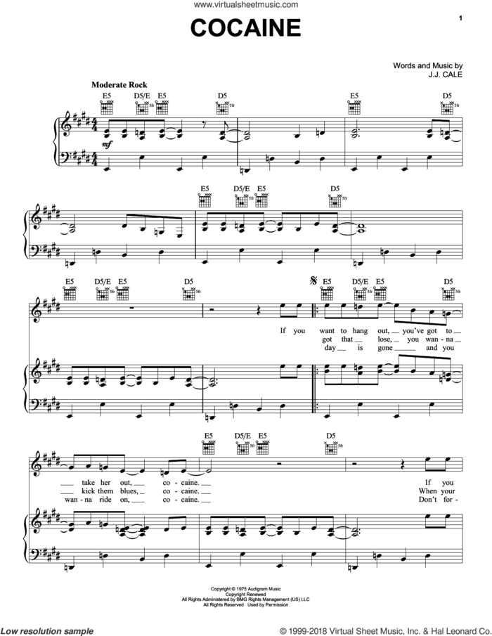 Cocaine sheet music for voice, piano or guitar by Eric Clapton and John Cale, intermediate skill level