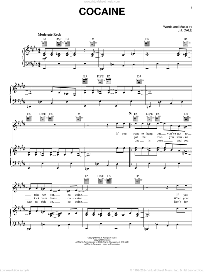 Cocaine sheet music for voice, piano or guitar by Eric Clapton and John Cale, intermediate skill level