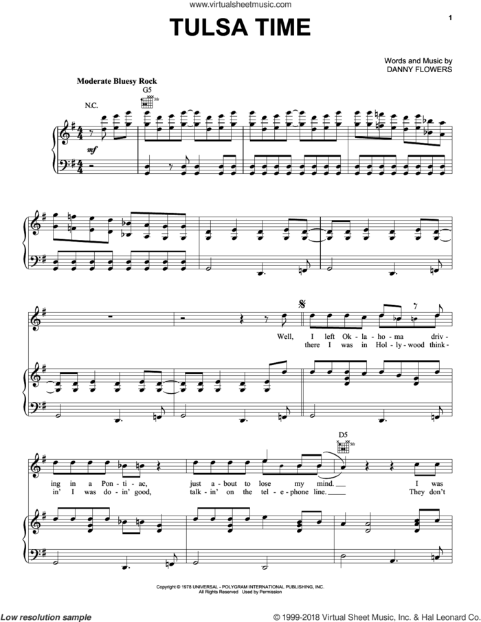 Tulsa Time sheet music for voice, piano or guitar by Eric Clapton and Danny Flowers, intermediate skill level
