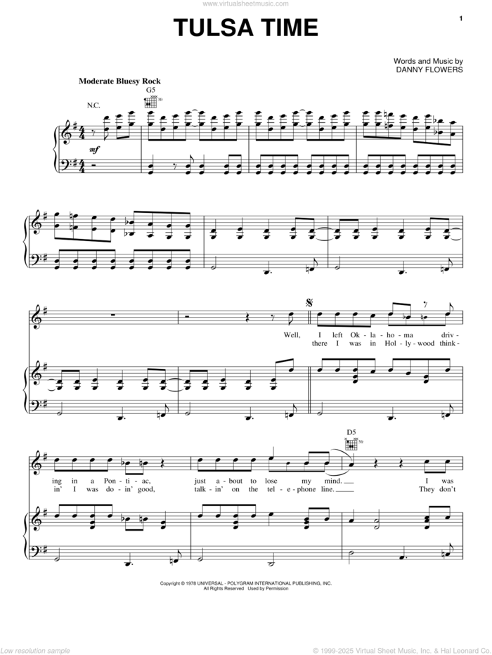 Tulsa Time sheet music for voice, piano or guitar by Eric Clapton and Danny Flowers, intermediate skill level