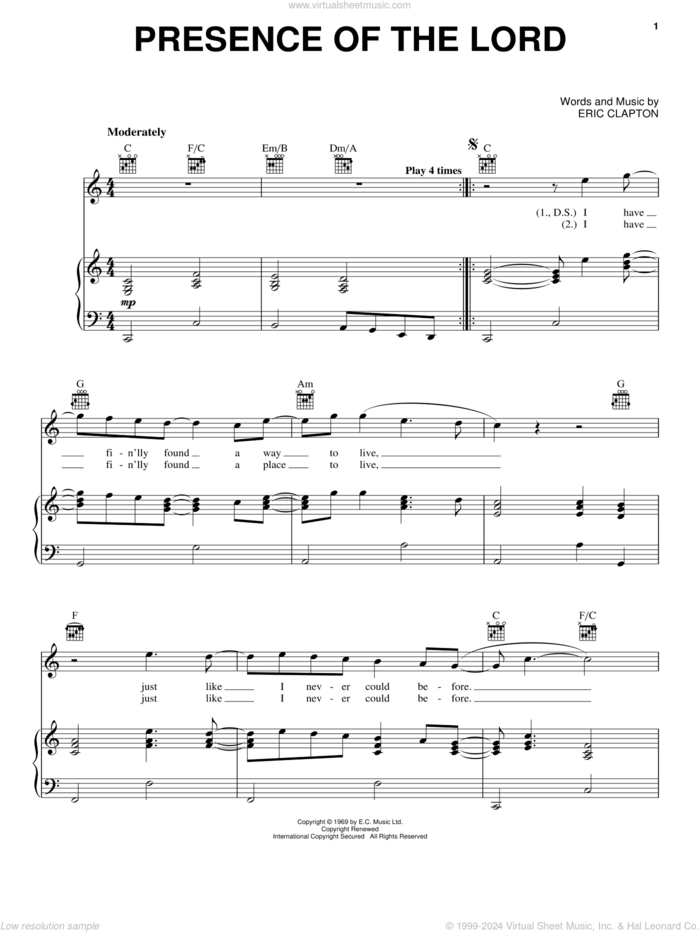 Presence Of The Lord sheet music for voice, piano or guitar by Eric Clapton and Blind Faith, intermediate skill level