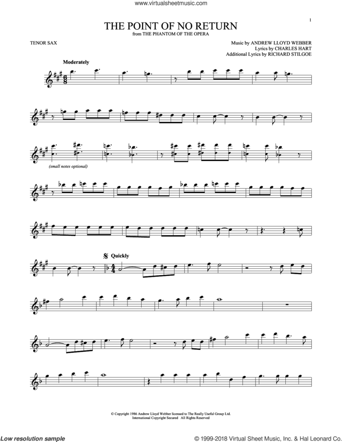 The Point Of No Return (from The Phantom Of The Opera) sheet music for tenor saxophone solo by Andrew Lloyd Webber, Charles Hart and Richard Stilgoe, intermediate skill level