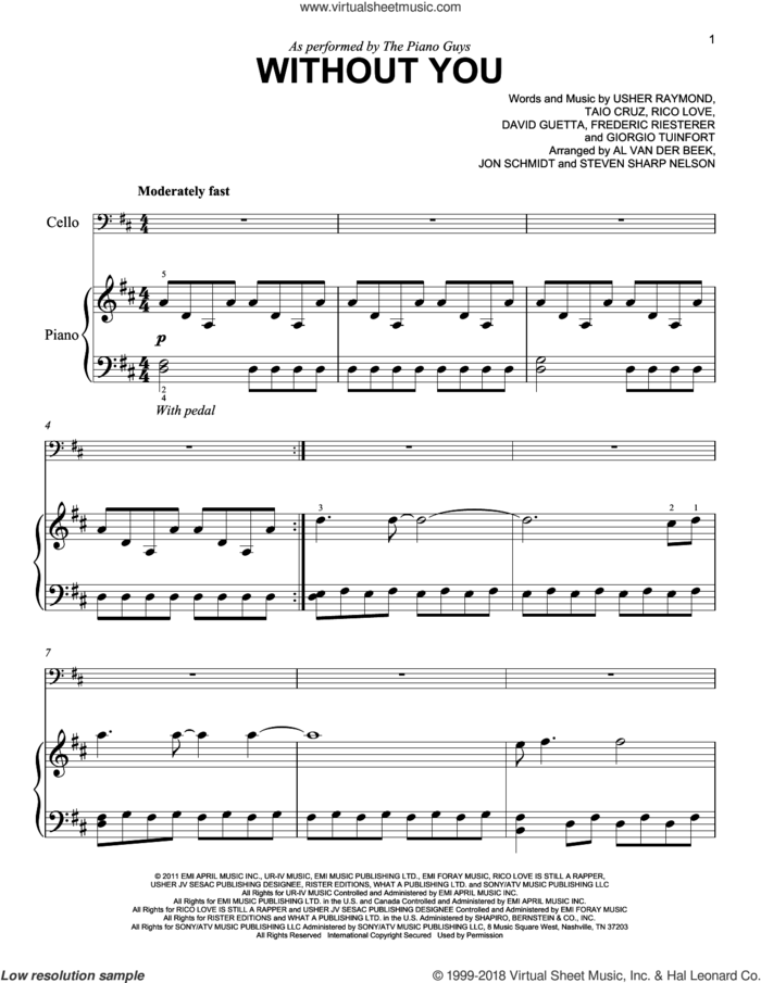 Without You sheet music for piano solo by David Guetta, The Piano Guys, David Guetta featuring Usher, Frederic Riesterer, Giorgio Tuinfort, Rico Love, Taio Cruz and Usher Raymond, easy skill level