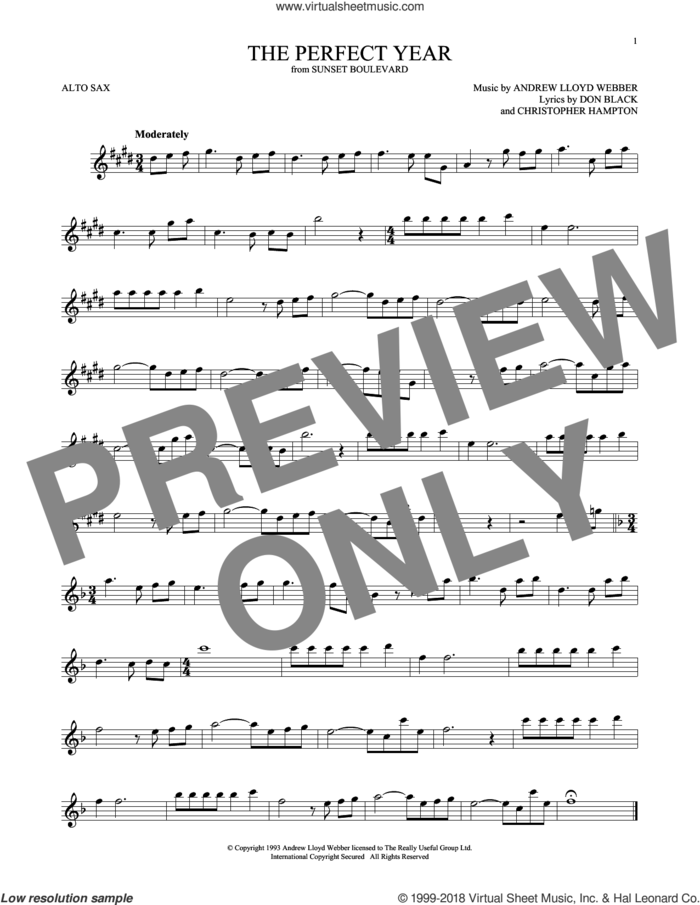 The Perfect Year (from Sunset Boulevard) sheet music for alto saxophone solo by Andrew Lloyd Webber, Christopher Hampton and Don Black, intermediate skill level