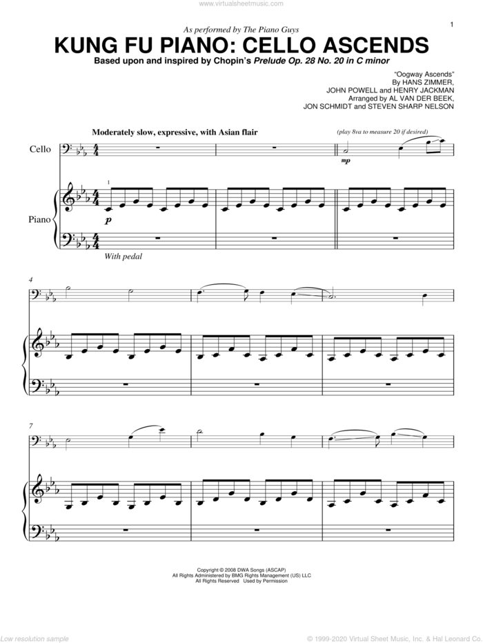 Kung Fu Piano: Cello Ascends sheet music for piano solo by Hans Zimmer, The Piano Guys, Frederick Chopin, Henry Jackman and John Powell, easy skill level