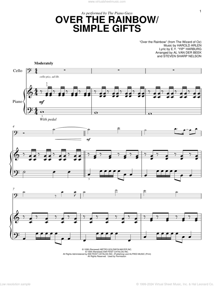 Over The Rainbow / Simple Gifts sheet music for piano solo by Harold Arlen, The Piano Guys and E.Y. Harburg, easy skill level