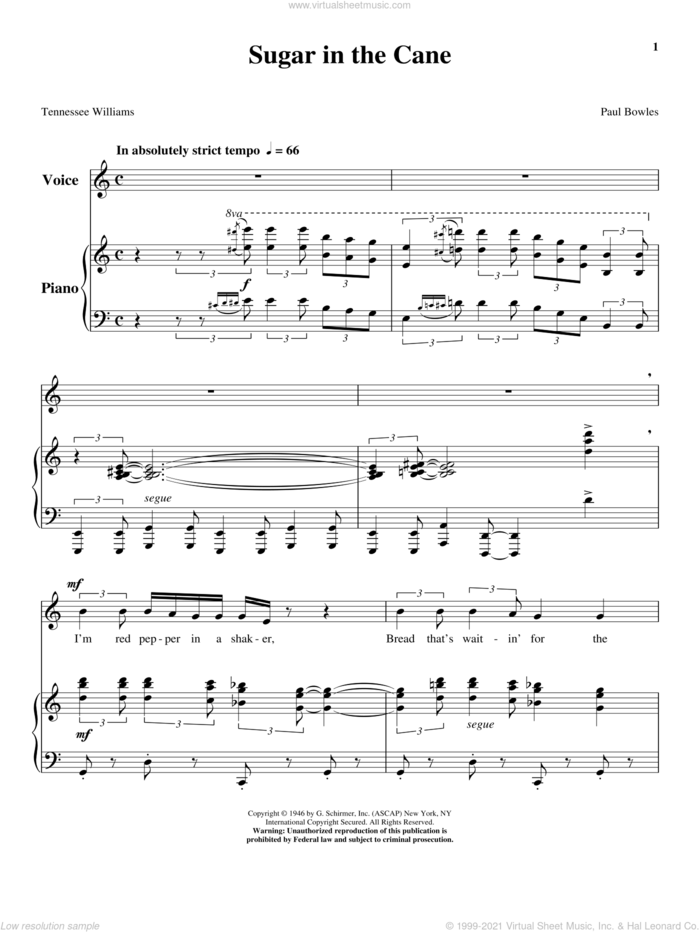 Sugar In The Cane sheet music for voice and piano (High Voice) by Tennessee Williams and Paul Bowles, classical score, intermediate skill level