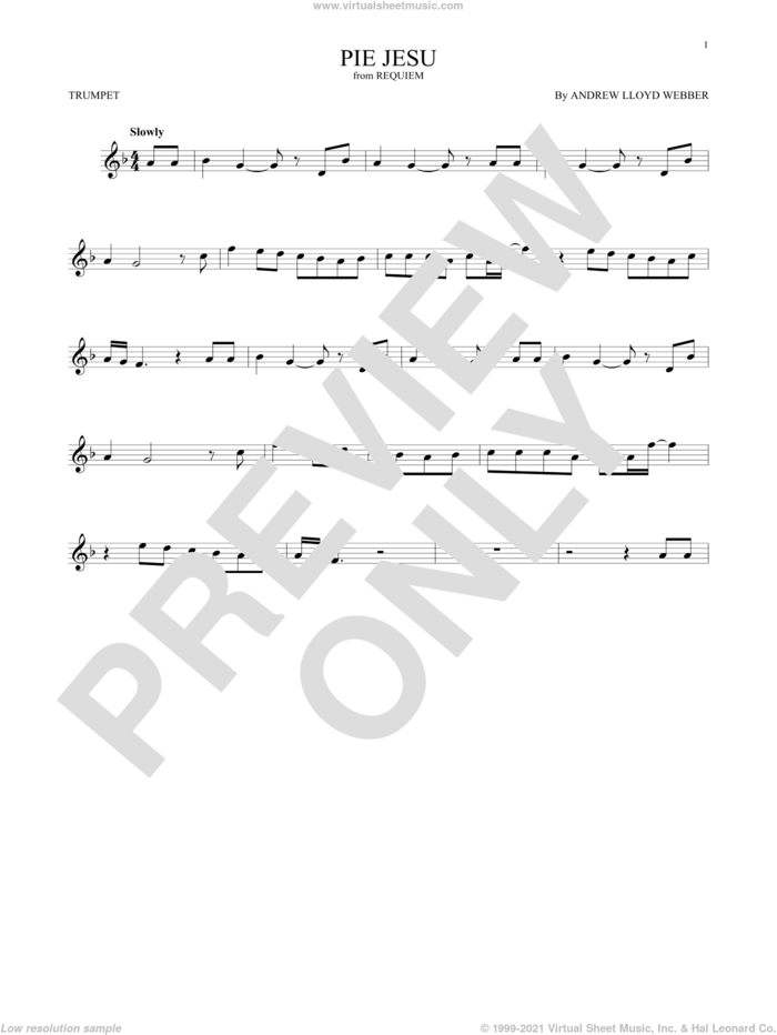 Pie Jesu (from Requiem) sheet music for trumpet solo by Andrew Lloyd Webber and Sarah Brightman, classical score, intermediate skill level