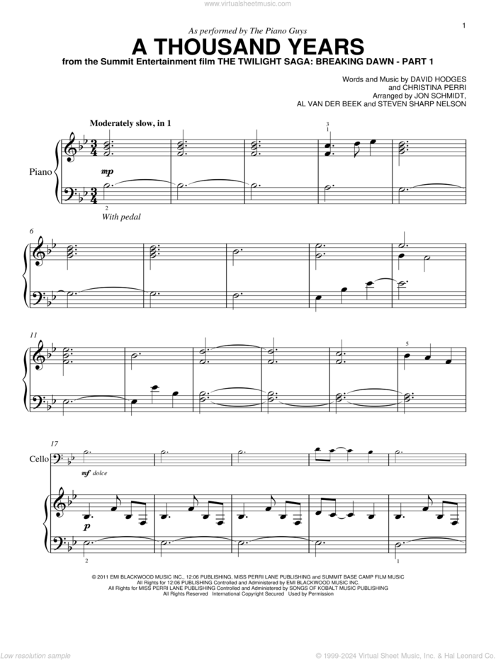 A Thousand Years sheet music for piano solo by Christina Perri, The Piano Guys and David Hodges, wedding score, easy skill level