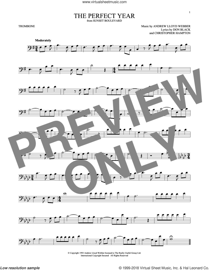 The Perfect Year (from Sunset Boulevard) sheet music for trombone solo by Andrew Lloyd Webber, Christopher Hampton and Don Black, intermediate skill level