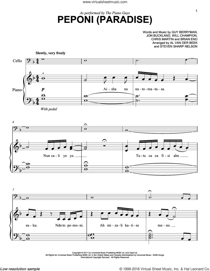 Peponi (Paradise) sheet music for piano solo by Guy Berryman, The Piano Guys, Coldplay, Brian Eno, Chris Martin, Jon Buckland and Will Champion, easy skill level