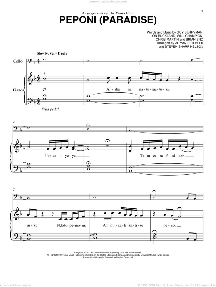 Peponi (Paradise) sheet music for piano solo by Guy Berryman, The Piano Guys, Coldplay, Brian Eno, Chris Martin, Jon Buckland and Will Champion, easy skill level