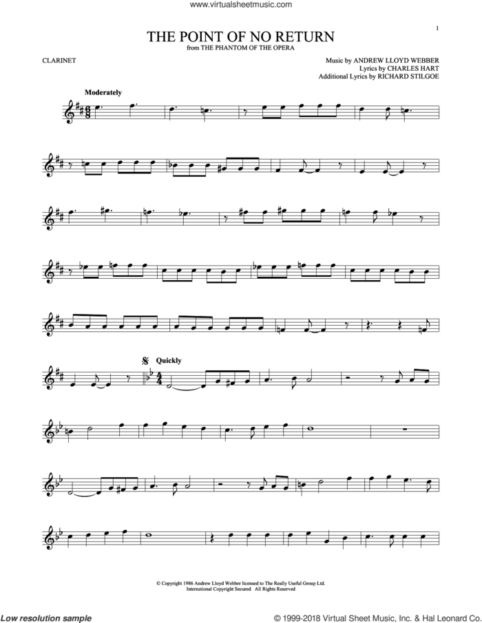 The Point Of No Return (from The Phantom Of The Opera) sheet music for clarinet solo by Andrew Lloyd Webber, Charles Hart and Richard Stilgoe, intermediate skill level